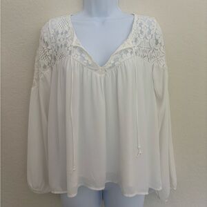 Abercrombie & Fitch Long Sleeve Cutwork Lace Panel Top Blouse Ivory Size S